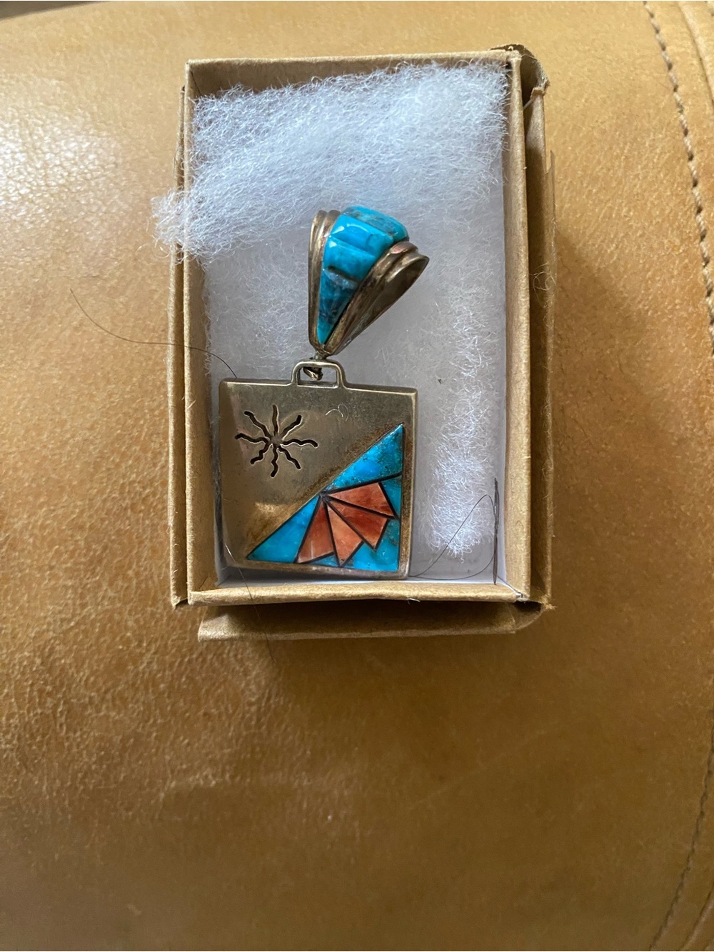 Southwestern Turquoise & Coral Inlay Sterling Pendant signed FB sterling silver